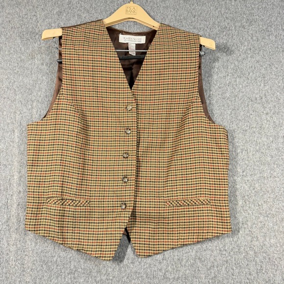 Karen Scott Jackets & Blazers - VTG Karen Scott Womens XL Houndstooth Plaid Button Front Vest Brown Tan Academia